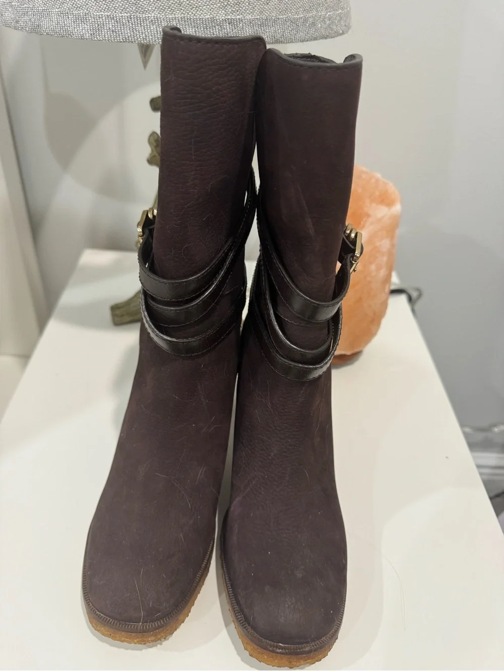 Tory Burch Dark Brown Suede Mid-Calf Heeled Boots with Wrap Strap